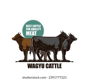 WAGYU CATTLE BEST SUPER BEEF PRODUCT LOGO, silhouette of great cow standing in farm vector illustrations.