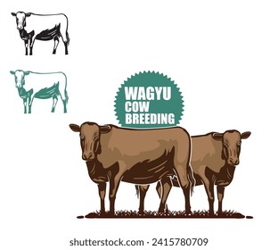 WAGYU GREAT COW STANDING, silhouette of healthy cattle at ranch vector illustrations