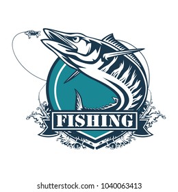 Wahoo fish. Fishing logo vector. Acanthocybium solandri. Scombrid fish jumping up fishing emblem on white background.
