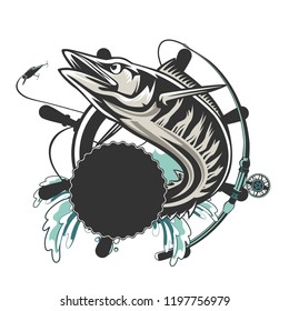 Wahoo fish. Fishing logo vector. Acanthocybium solandri. Scombrid fish jumping up fishing emblem on white background.