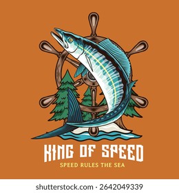 Wahoo Fish Logotype in Colorful Vector Cartoon Illustration for sticker badge emblem t-shirt banner invitation