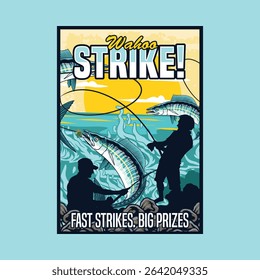 Wahoo fish Poster in Cartoon Illustration. Perfect for fishing clubs, outdoor adventure, wildlife, and nature-themed