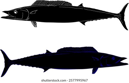 Wahoo gamefish silhouettes outlined in blue and white 