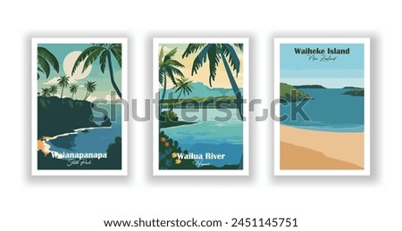 Waianapanapa, State Park, Waiheke Island, New Zealand, Wailua River, Hawaii - Vintage travel poster. Vector illustration. High quality prints