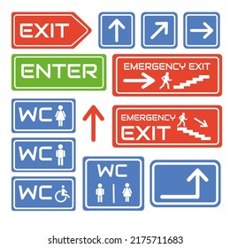 Waifindings. Signs entry and exit from premises. Forbidding signs entry and exit. llustration, Vector.