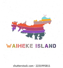 Waiheke Island map design. Shape of the island with beautiful geometric waves and grunge texture. Vibrant vector illustration.