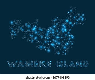 Waiheke Island network map. Abstract geometric map of the island. Internet connections and telecommunication design. Powerful vector illustration.