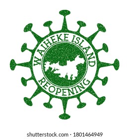 Waiheke Island Reopening Stamp. Green round badge of island with map of Waiheke. Reopening after lockdown. Vector illustration.