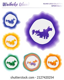 Waiheke logo collection. Colorful badge of the island. Layers around Waiheke Island border shape. Vector illustration.