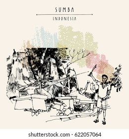 Waikabubak, Sumba, Indonesia. Bamboo houses, thatched roofs. Man with a traditional knife. Travel sketch. Hand drawn vintage booklet or book illustration, greeting card, postcard, poster in vector
