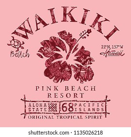 Waikiki beach Hawaii tribal hibiscus, vintage vector print for girl t shirt with grunge traditional pattern texture