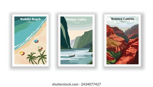 Waikiki Beach, Hawaii. Waimea Canyon, Hawaii. Waipio Valley, Hawaii - Set of 3 Vintage Travel Posters. Vector illustration. High Quality Prints