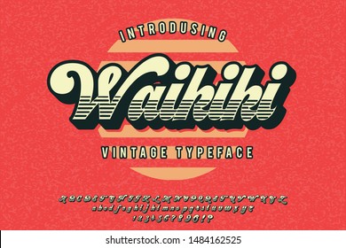 Waikiki. Retro poster. Summer style. Vintage script typeface. Retro 3d font in 80s style. Vintage typography.