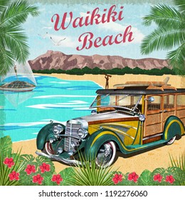 Waikiki Retro Poster With Retro Woody Car.