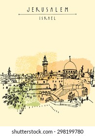 Wailing wall in Jerusalem, Israel. Handmade vector drawing. Vertical postcard greeting card graphic design template. Freehand skyline background with copy space for your text. Hand lettered title