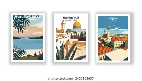 Wailing Wall, Jerusalem, Israel. Whitsunday Islands, Australia. Zagreb, Croatia - Set of 3 Vintage Travel Posters. Vector illustration. High Quality Prints svg