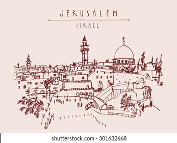 Wailing wall, Temple mount, sanctuary in Jerusalem, Israel. Vector isolated freehand drawing illustration. Postcard, poster design template. Skyline background, copy space. Hand lettered title