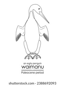 Waimanu, an early penguin from the Paleocene period. Paleocene period followed after the extinction of the dinosaurs. Black and white line art, perfect for coloring and educational purposes.