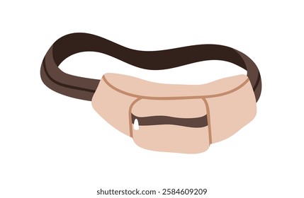 Waist bag, compact fanny pack. Hands-free hip pouch accessory. Zipper pocket on belt for travel safety, hiking, casual fashion. Flat vector illustration isolated on white background