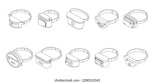 Waist bag icons set. Isometric set of waist bag vector icons outline thin lne isolated on white