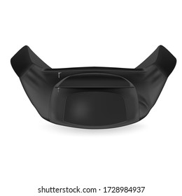 Waist bag. Modern mockup black waist bag with elegant protruding zip pocket built in center fashionable sports design sports travel close ups realistic graphics. Vector mockup style.