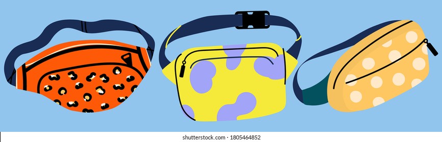 Waist bag, retro style colorful banana bag. Accessory from 90s. Hand drawn vector illustration. Fancy accessory.