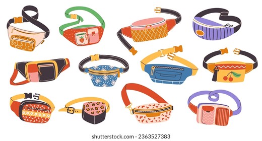 Waisenhäuser oder Fanny Packs Set, kompakt, Handtücher, die rund um die Taille getragen werden, ideal, um wichtige Dinge wie Schlüssel, Telefone und Wallets unterwegs zu tragen. Cartoon-Vektorgrafik, Symbole