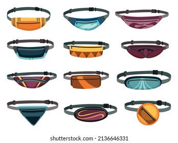 Waist bags flat template set. Various fanny packs as popular personal item elements and fashion accessory. Colorful trendy banana shaped belt bag