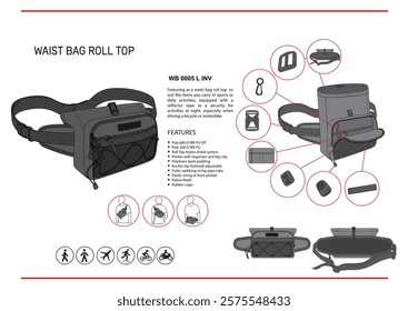 WAIST BAGS ROLL TOP  MOCKUP VECTOR EQUIPPED WITH DETAILED FEATURE DESCRIPTION