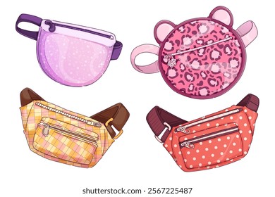 Waist bags set isolated on white background. Contemporary vector cartoon illustration of fashionable purse with zipper pocket, adjustable belt, color handbag, youth fashion accessory, trendy wallet