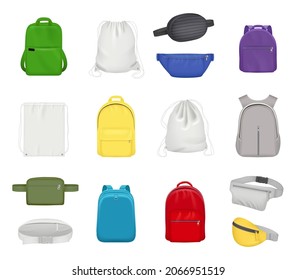 Waist bags. Various views of leather sport waist bag handy fashioned items decent vector bagpack realistic set