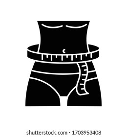 Waist circumference black glyph icon. Tailor measurements, slimming silhouette symbol on white space. Woman waistline width specification for bespoke female clothing. Vector isolated illustration