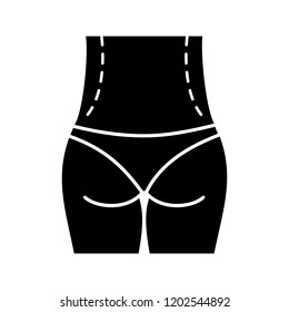 Waist correction surgery glyph icon. Flanks liposuction. Waist contouring and fat removal plastic surgery. Belt lipectomy. Silhouette symbol. Negative space. Vector isolated illustration