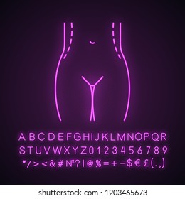 Waist correction surgery neon light icon. Flanks liposuction. Waist contouring and fat removal plastic surgery. Glowing sign with alphabet, numbers and symbols. Vector isolated illustration