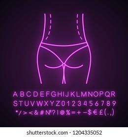 Waist correction surgery neon light icon. Flanks liposuction. Waist contouring and fat removal plastic surgery. Belt lipectomy. Glowing alphabet, numbers, symbols. Vector isolated illustration