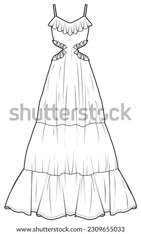 Waist Cutout Strap Frill Flared Maxi Tiered Dress Fashion Illustration, Vector, CAD, Technical Drawing, Flat Drawing, Template, Mockup.
