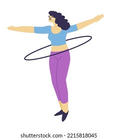 Waist exercise, isolated female character working out, hula hooping girl strengthening body muscles. Teenager in gyms, wearing sportswear and losing weight. Vector in flat style illustration