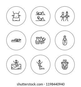 Waist icon set. collection of 9 outline waist icons with bottles ball, fitness, loss icons. editable icons.