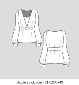 cremallera de la manga de globo largo de peplo de la cintura V Cuello de la manga de globo largo con esposas de la moda camiseta blusa superior sketch plano plantilla técnica de dibujo vector