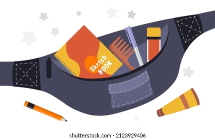 Waist school bag. Book, comb and other school supplies. Children going to school or inventory, things of teenager. Notebook for writing and textbook, education. Cartoon flat vector illustration
