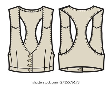 Waistcoat design technical flat sketch vector mockup template.