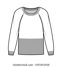 Waisted Sweater technical fashion illustration with rib round neck, long raglan sleeves, fitted body, hip length, knit trim. Flat apparel front, white color style. Women, men unisex CAD mockup