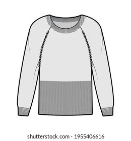 Waisted Sweater technical fashion illustration with rib round neck, long raglan sleeves, fitted body, hip length, knit trim. Flat apparel front, grey color style. Women, men unisex CAD mockup