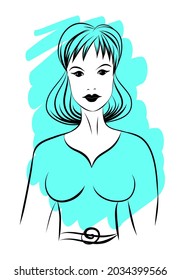 Waist-length portrait of a beautiful woman, fashionable vector illustration for design. Freehand line art stylization. Black silhouette of a woman and a blue spot on the background