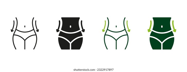 Waistline Shape Control. Female Body Slimming Symbol Collection. Woman Loss Weight Black and Color Pictogram. Slimming Waist Line and Silhouette Icon Set. Isolated Vector Illustration.
