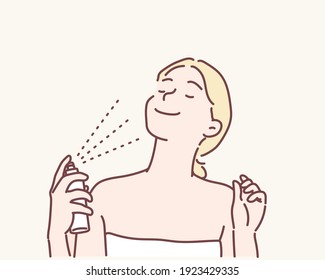 Waist-up portrait of a female with her eyes closed hydrating her skin with a facial spray. Hand drawn style vector design illustrations.