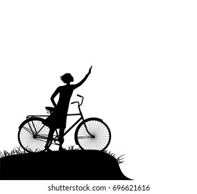 Wait! don`t go away, girl gestures hello or bay bay,  girl with bike on the edge of the road or on hill with hand up