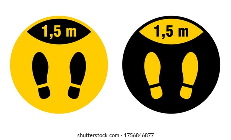 Espera aquí o párate aquí y guarda una distancia segura de 1,5 metros de la marca de piso redondo con huellas de zapatos para cola de línea u otros fines que requieran distancia social. Imagen vectorial.