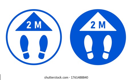 Wait Here or Stand Here and Keep a Safe Distance of 2 M or 2 Metres Round Floor Marking Sticker with Shoeprints for Queue Line or Other Purposes Requiring Social Distancing. Vector Image.