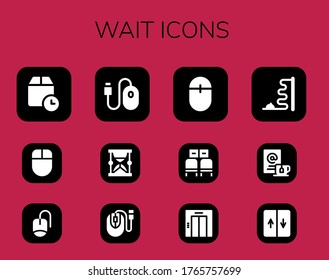 conjunto de iconos de espera. 12 iconos de espera rellenados.  Iconos modernos sencillos como: Tiempo de espera, ratón, reloj de arena, sala de espera, ascensor,